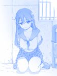  1girl blue breasts himura_kiseki kantai_collection large_breasts long_hair monochrome school_uniform serafuku skirt solo ushio_(kantai_collection) 