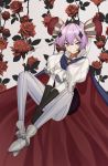  1girl black_gloves cape flower gloves harukuchi_(wintertrues) mahou_shoujo_ikusei_keikaku purple_hair rose ruler_(mahoiku) sitting smile solo tiara violet_eyes 