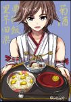  1girl black_eyes bowl brown_hair chopsticks commentary_request detached_sleeves hiei_(kantai_collection) highres holding holding_tray japanese_clothes kantai_collection looking_at_viewer nontraditional_miko seitei_(04seitei) short_hair solo translation_request tray twitter_username 