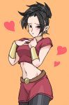  1girl belt black_eyes black_hair blush bracer breasts brown_belt crop_top dragon_ball dragon_ball_super earrings fembroly groin hair_intakes hands_on_own_chest heart high_ponytail highres jewelry lips long_hair looking_at_viewer medium_breasts midriff miniskirt navel open_mouth orange_background red_shirt red_skirt roni_(loni_0509) shirt short_sleeves shorts_under_skirt simple_background single_hair_intake skirt solo standing 