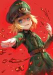  1girl bangs belt belt_buckle blonde_hair blood blue_eyes buckle buttons cowboy_shot dutch_angle evil_smile gloves green_jacket hat iron_cross jacket long_sleeves looking_at_viewer military military_jacket military_uniform open_mouth outstretched_arm peaked_cap pocket qian_wu_atai red_background shaded_face short_hair smile solo tanya_degurechaff uniform white_gloves wing_collar youjo_senki 