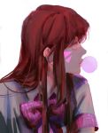  1girl bangs bow bowtie brown_eyes brown_hair bubble_blowing chewing_gum collared_shirt d.va_(overwatch) facepaint facial_mark highres long_hair looking_away overwatch pilyeon profile shirt short_hair simple_background solo upper_body whisker_markings white_background 