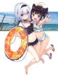  2girls :d ahoge bangs barefoot bikini black_hair blue_eyes blush double_bun feet frilled_bikini frills full_body hair_ornament hair_up hairband hand_on_another&#039;s_head hinatsuru_ai innertube long_hair looking_at_viewer multiple_girls navel nose_blush official_art open_mouth outstretched_arm ryuuou_no_oshigoto! shirabi_(life-is-free) short_hair silver_hair slippers smile snowflake_hair_ornament sora_ginko swimsuit 