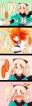  2girls absurdres ahoge blonde_hair blush bow comic fate/grand_order fate_(series) fujimaru_ritsuka_(female) hair_bow hair_ornament hair_scrunchie hand_holding haori highres japanese japanese_clothes multiple_girls obi okita_souji orange_hair sakura_saber sash scarf scrunchie short_hair short_ponytail side_ponytail sword translation_request tsukui_kachou weapon yellow_eyes 