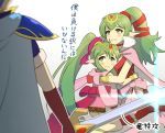  1boy 2girls bracelet chiki fire_emblem fire_emblem:_kakusei fire_emblem:_mystery_of_the_emblem fire_emblem_heroes gonzarez green_eyes green_hair hair_ribbon hug jewelry long_hair long_ponytail marth multiple_girls pink_ribbon pointy_ears ponytail red_ribbon ribbon scared simple_background sleeveless sword tears tiara weapon 