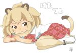  1girl :3 animal_ears ankle_boots blonde_hair boots brown_eyes commentary_request eyebrows eyelashes full_body hair_between_eyes hands_together kemono_friends lion_(kemono_friends) lion_ears lion_tail long_hair looking_to_the_side lying on_side plaid plaid_skirt ribbon satsuyo shadow shirt shoe_ribbon short_sleeves signature simple_background skirt socks solo tail thigh-highs translation_request tsurime white_background white_footwear 
