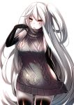  1girl aircraft_carrier_oni alternate_costume anchor_symbol blush breasts clothes_pull fuuki_(te_fuukin) highres kantai_collection long_hair looking_at_viewer meme_attire one_side_up orange_eyes sideboob silver_hair simple_background solo sweater sweater_pull triangle_mouth virgin_killer_sweater white_background white_skin 
