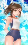  1girl brown_eyes brown_hair clouds cowboy_shot hair_ornament hairclip i-401_(kantai_collection) kantai_collection ponytail sailor_collar school_swimsuit selene_kaguya short_hair short_ponytail sile sky solo standing swimsuit swimsuit_under_clothes 