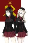  2girls bangs black_hair black_jacket blonde_hair blue_eyes clara_(girls_und_panzer) closed_mouth cowboy_shot dress_shirt emblem garrison_cap girls_und_panzer hat jacket long_hair long_sleeves looking_at_viewer military military_uniform miniskirt multiple_girls nonna parted_bangs pleated_skirt pravda_(emblem) red_shirt red_skirt shirt side-by-side skirt standing swept_bangs thorn_(ashthorn) uniform white_background 