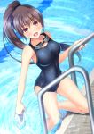  1girl :d blush breasts brown_eyes brown_hair collarbone goggles goggles_around_neck hat highres holding holding_hat imachireki large_breasts long_hair looking_at_viewer open_mouth original ponytail pool pool_ladder poolside ripples school_swimsuit smile solo swim_cap swim_cap_removed swimsuit thighs 