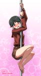  1girl arms_up artist_name barefoot belt black_hair blush climbing climbing_pole dated feet grey_eyes kantai_collection katou_techu looking_at_viewer mogami_(kantai_collection) open_mouth pink_background pole_dancing short_hair shorts smile solo 