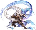  1boy armor cape doraf full_body gloves granblue_fantasy headband horns katana long_hair makeup male_focus minaba_hideo official_art okto sandals solo sparkle sword transparent_background very_long_hair water weapon 