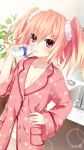 1girl 2017 alyn_(fairy_fencer_f) blonde_hair blush bottle breasts cleavage drinking eyebrows_visible_through_hair fairy_fencer_f hand_on_hip highres looking_at_viewer milk official_art pajamas panties pink_eyes small_breasts solo tsunako twintails underwear white_panties 