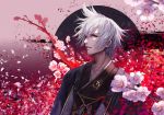  1boy cherry_blossoms flower grey_eyes japanese_clothes jname looking_at_viewer male_focus original parted_lips petals solo upper_body white_hair wind 