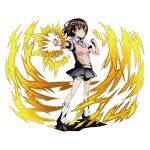  1girl biribiri brown_eyes brown_hair coin divine_gate full_body grey_skirt hair_ornament hairclip holding kneehighs looking_at_viewer misaka_mikoto official_art outstretched_arm pleated_skirt school_uniform short_hair short_shorts shorts shorts_under_skirt skirt smile solo to_aru_majutsu_no_index transparent_background ucmm white_legwear white_shorts 