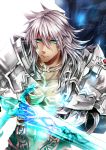  1boy abs armor balmung_(fate/apocrypha) dark_skin fate/apocrypha fate_(series) glowing green_eyes long_hair looking_at_viewer male_focus saber_of_black solo sword weapon white_background white_hair 