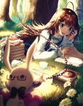  alice_(wonderland) alice_in_wonderland antenna_hair blue_eyes book brown_hair chin_rest long_hair lying on_stomach outdoors rosuuri tree very_long_hair white_rabbit 