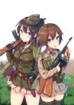  2girls :o ammunition_pouch bangs belt belt_pouch black_gloves black_hair black_legwear blue_eyes blush brown_hair buttons commentary_request gloves grass green_jacket gun hair_between_eyes handgun highres holding holding_gun holding_weapon holster jacket jacket_on_shoulders karo-chan long_hair looking_at_viewer m1_carbine military military_jacket multiple_girls open_mouth original outdoors over_shoulder pleated_skirt pocket ponytail revolver round_teeth short_hair side-by-side skirt smile submachine_gun teeth thigh-highs thompson_submachine_gun trigger_discipline vertical_foregrip weapon weapon_over_shoulder wing_collar 