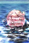  1girl commentary hair_ornament highres horizon i-58_(kantai_collection) kantai_collection looking_at_viewer millipen_(medium) ocean partially_submerged pink_eyes pink_hair serious signature sky solo tesun_(g_noh) traditional_media water water_drop watercolor_pencil_(medium) wet wet_hair 