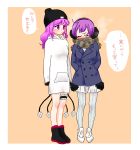  2girls alternate_costume beanie blush coat earmuffs hands_in_pockets hat hrn mahou_shoujo_ikusei_keikaku multiple_girls pink_hair purple_hair ruler_(mahoiku) scarf standing swim_swim winter_clothes winter_coat 