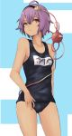  1girl ahoge bangs breasts collarbone cowboy_shot eyeball hair_between_eyes hairband heart heart_of_string highres komeiji_satori koretsuki_aduma looking_at_viewer name_tag old_school_swimsuit one-piece_swimsuit one-piece_tan parted_lips purple_hair red_eyes school_swimsuit short_hair small_breasts solo swimsuit tan tanline third_eye touhou 