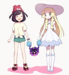  2girls beanie black_hair blonde_hair braid closed_eyes cosmog dress female_protagonist_(pokemon_sm) green_eyes green_shorts hat kurochiroko lillie_(pokemon) long_hair multiple_girls open_mouth pokemon pokemon_(creature) pokemon_(game) pokemon_sm red_hat shirt short_hair short_sleeves shorts simple_background sleeveless sleeveless_dress sun_hat tied_shirt twin_braids white_background white_dress white_hat z-ring 