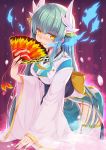  1girl aqua_hair benitsuki_tsubasa blush commentary_request fan fate/grand_order fate_(series) hair_ornament horns japanese_clothes kimono kiyohime_(fate/grand_order) long_hair looking_at_viewer pelvic_curtain petals sash solo thigh-highs thighs two-tone_background white_legwear wide_sleeves yellow_eyes 