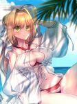 ahoge bikini blonde_hair blue_sky breasts cleavage day fate/grand_order fate_(series) green_eyes hair_intakes hand_up highres looking_at_viewer moe_(hamhamham) nero_claudius_(fate)_(all) nero_claudius_(swimsuit_caster)_(fate) outdoors palm_tree sky striped striped_bikini swimsuit tree water 