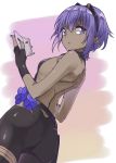  ass assassin_(fate/prototype_fragments) back backless_outfit breasts dark_skin fate/prototype fate/prototype:_fragments_of_blue_and_silver fate_(series) looking_at_viewer mamedenkyuu_(berun) mask mask_removed purple_hair short_hair violet_eyes 