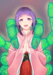  1girl highres japanese_clothes kimono looking_at_viewer open_mouth purple_hair smile solo spider violet_eyes 