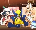  1boy 2girls animal_ears backpack bag bare_shoulders black_hair blonde_hair chiba_toshirou crossover cup drinking_glass elbow_gloves gloves hat kaban kemono_friends lucky_beast_(kemono_friends) marvel multiple_girls open_mouth safari_hat serval_(kemono_friends) serval_ears serval_tail short_hair smoking tail wolverine x-men 