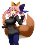  1girl animal_ears blush bow breasts fang fate/extra fate_(series) fox_ears fox_tail hair_bow large_breasts looking_at_viewer multiple_tails open_mouth pink_hair simple_background solo sweater tail tamamo_(fate)_(all) tamamo_no_mae_(fate) white_background yellow_eyes yoroi_kabuto 