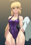  absurdres ahoge athletic blonde_hair collarbone competition_swimsuit contrapposto covered_navel fate_(series) gluteal_fold gradient gradient_background green_eyes highres long_hair looking_at_viewer one-piece_swimsuit saber skin_tight sookmo swimsuit towel wet wide_hips 