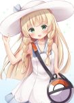  1girl adjusting_clothes adjusting_hat bag bangs blonde_hair blunt_bangs braid collared_dress dress duffel_bag green_eyes hat highres lillie_(pokemon) long_hair masayo_(gin_no_ame) poke_ball_theme pokemon pokemon_(game) pokemon_sm sleeveless sleeveless_dress solo sun_hat sundress twin_braids white_dress white_hat 