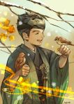  1boy bad_perspective bird bird_on_hand black_hair closed_eyes eyebrows forehead_protector genji_(overwatch) happy japanese_clothes kimono male_focus nose open_mouth overwatch sae_(revirth) short_hair smile solo younger yukata 