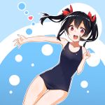  1girl black_hair blue_swimsuit engawa_(rarenago) facing_viewer flat_chest gluteal_fold love_live! love_live!_school_idol_project open_mouth outstretched_arm red_eyes school_swimsuit solo swimsuit thigh_gap twintails upper_teeth yazawa_nico 