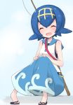  1girl artist_request baggy_pants bangs bare_arms blue_hair blush closed_eyes feet fishing_rod full_body hair_between_eyes hair_ornament hairband happy highres one-piece_swimsuit open_mouth pants pokemon pokemon_(game) pokemon_sm shirt short_hair sitting sleeveless sleeveless_shirt slippers solo suiren_(pokemon) swimsuit swimsuit_under_clothes trial_captain 