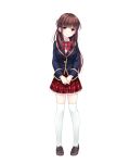  1girl absurdres blazer brown_hair full_body girlfriend_(kari) hands_together highres jacket loafers long_hair long_sleeves looking_at_viewer official_art over-kneehighs plaid plaid_skirt pleated_skirt red_eyes shoes skirt smile solo thigh-highs transparent_background v_arms white_legwear 