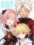  3boys blonde_hair braid cape child_gilgamesh citron_82 closed_eyes dark_skin fate/apocrypha fate/grand_order fate/hollow_ataraxia fate_(series) gilgamesh kotomine_shirou long_hair looking_at_viewer male_focus multiple_boys one_eye_closed open_mouth red_eyes rider_of_black smile trap violet_eyes white_hair 