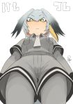  1girl bodystocking breasts collar collared_shirt commentary_request ears eyebrows_visible_through_hair eyelashes from_below gradient_hair green_eyes grey_hair kemono_friends long_hair looking_down low_ponytail medium_breasts multicolored_hair necktie orange_hair pantyhose pocket ponytail satsuyo shirt shoebill_(kemono_friends) short_sleeves shorts side_ponytail signature simple_background solo translation_request tsurime white_background 