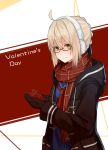  1girl ahoge bangs black-framed_eyewear braid brown_scarf closed_mouth coat duffel_coat earmuffs fate_(series) fringe gift glasses hair_between_eyes heart-shaped_box heroine_x_(alter) highres holding holding_gift looking_at_viewer mittens mizu_(dl7613) neckerchief open_clothes open_coat plaid plaid_scarf red_neckerchief scarf school_uniform semi-rimless_glasses serafuku short_hair_with_long_locks sidelocks smile solo under-rim_glasses upper_body valentine yellow_eyes 
