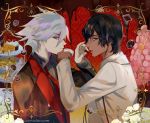  2boys arjuna_(fate/grand_order) astarone black_hair blue_eyes cake chocolate cup cupcake dark_skin fate/apocrypha fate/grand_order fate_(series) food formal glasses green_eyes karna_(fate) looking_at_viewer male_focus multiple_boys open_mouth pale_skin short_hair suit white_hair yaoi 