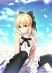  1girl ahoge artist_name bare_shoulders black_bow bow brora clouds fate/grand_order fate/unlimited_codes fate_(series) flower green_eyes highres lily_(flower) long_hair looking_at_viewer pantyhose petals ponytail saber saber_lily sitting sky smile solo wind 
