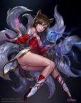  1girl ahri animal_ears artist_name artstation_username ass bangs bare_shoulders breasts brown_hair cleavage closed_mouth detached_sleeves dress eyelashes facebook_username fingernails fox_ears fox_tail glowing groin hair_between_eyes hand_up heart highres large_breasts league_of_legends light_smile long_fingernails long_hair long_sleeves magic medium_breasts microdress midair multiple_tails nail_polish nose orb ozma panties pink_lips pink_nails red_dress red_shoes shoes smile solo strapless strapless_dress tail underwear very_long_hair watermark web_address whisker_markings white_legwear white_panties yellow_eyes 