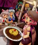  6+girls :d animal_ears antennae apron ascot ass bare_arms bare_shoulders bird_wings blonde_hair blue_dress blue_eyes blue_hair bow breasts carrying character_name cirno cleavage closed_eyes cooking cup curry curry_rice d: d:&lt; daajirin.koucha darkness dress dress_shirt eyebrows_visible_through_hair food food_stand from_side frying_pan fujiwara_no_mokou green_eyes green_hair hair_bow hat highres holding holding_plate holding_spoon ice ice_wings kamishirasawa_keine lamp long_hair looking_at_viewer multiple_girls mystia_lorelei naked_apron night open_mouth perspective pink_hair plate red_eyes ribbon rice rice_spoon rumia sharp_teeth shirt short_hair short_shorts short_sleeves shorts sideboob silver_hair skirt skirt_set small_breasts smile spoon suspenders sweat team_9 teeth tomato tongue tongue_out touhou vest wings wriggle_nightbug yatai yellow_eyes 