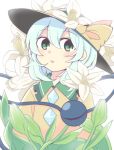  1girl aqua_hair black_hat blush bow bud collar commentary_request flower frilled_collar frills green_eyes hair_between_eyes hat hat_bow hat_flower komeiji_koishi leaf lily_(flower) looking_at_viewer open_mouth solo third_eye touhou upper_body white_background white_flower yamase yellow_bow 