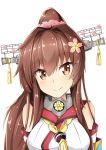  1girl brown_eyes brown_hair detached_sleeves eyebrows_visible_through_hair flower hair_flower hair_ornament high_ponytail highres kantai_collection long_hair looking_at_viewer pink_flower portrait simple_background smile solo sylphine white_background yamato_(kantai_collection) 