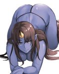 1girl ass blue_skin boots breasts brown_eyes brown_hair cleavage horn long_hair looking_at_viewer oni original pepe_(jonasan) pointy_ears smile solo thong