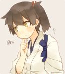  1girl blush brown_eyes brown_hair closed_mouth commentary eyebrows_visible_through_hair hair_ribbon ina_(1813576) japanese_clothes kaga_(kantai_collection) kantai_collection long_hair red_ribbon ribbon ribon scratching_chin side_ponytail simple_background solo tasuki thinking translated twitter_username wide_sleeves 