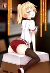  1girl arm_support black_legwear blonde_hair blue_eyes buruma gym_uniform highres looking_at_viewer nasuhara_anastasia nikaidou_arashi novel_illustration official_art one_side_up onii-chan_dakedo_ai_sae_areba_kankeinai_yo_ne short_hair solo thigh-highs 